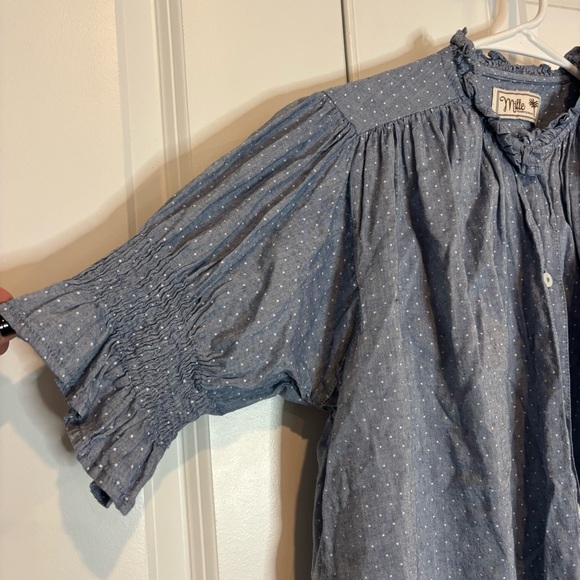 Mille Blue Dot Marnie Smocked Short Sleeve Button Front Top Shirt XS - Picture 4 of 7